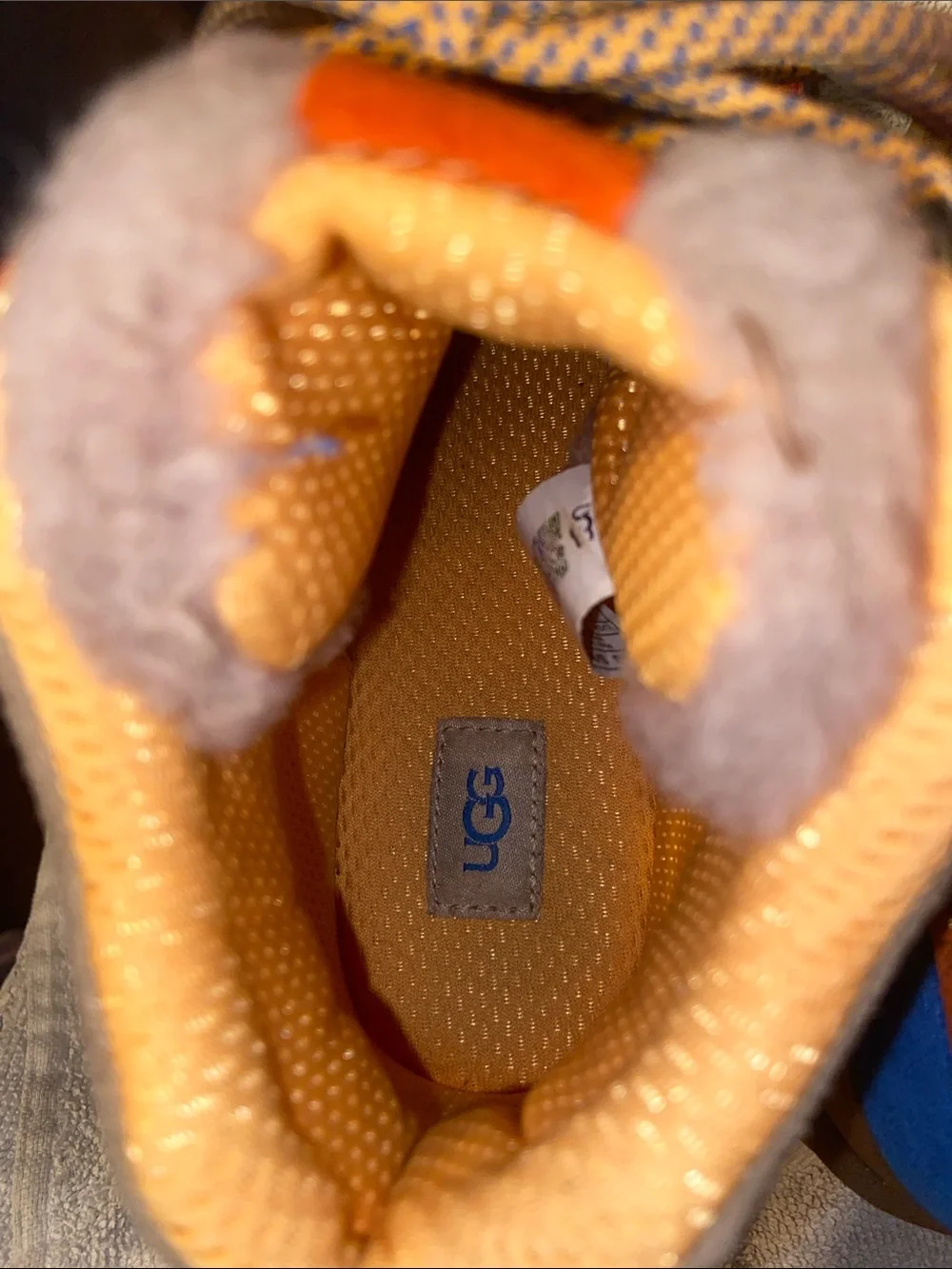 UGG Kids Tan Suede Boots with Bright Orange & Blue Accents